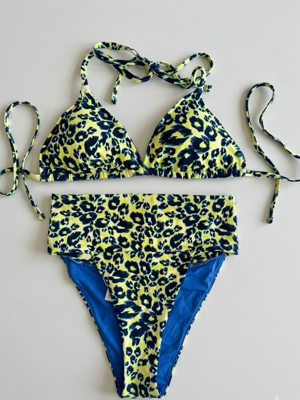 aerie Blue & Neon Yellow Leopard Trim Triangle Bikini Top
